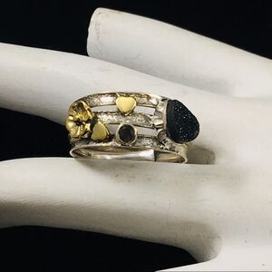 Two-tone Black Druzy & Smoky Topaz Sterling Silver Ring Size 9